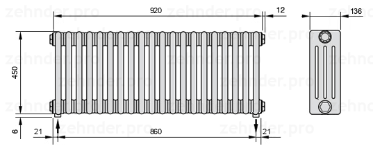Схема (чертеж) Радиатор Zehnder Charleston 4045/20 №3570 Белый глянцевый RAL 9016